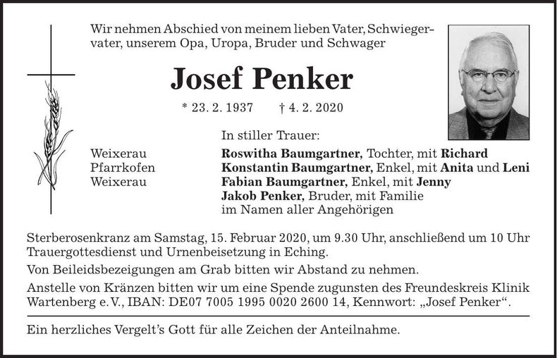 Traueranzeige Josef Penker