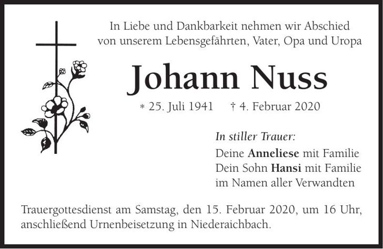 Traueranzeige Johann Nuss