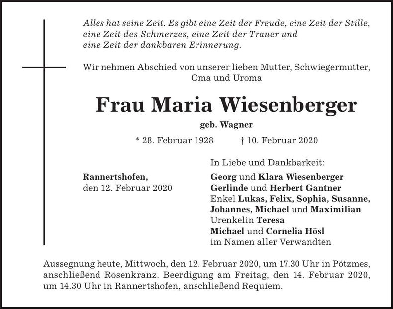 Traueranzeige Maria Wiesenberger