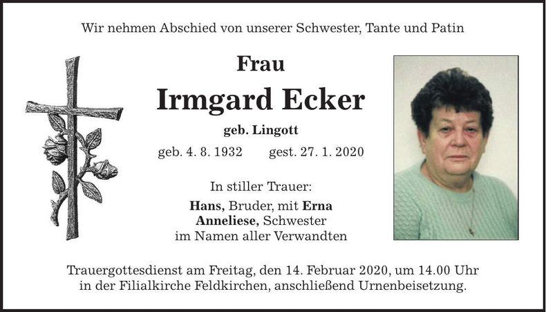 Traueranzeige Irmgard Ecker