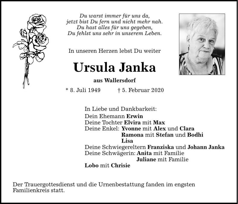 Traueranzeige Ursula Janka