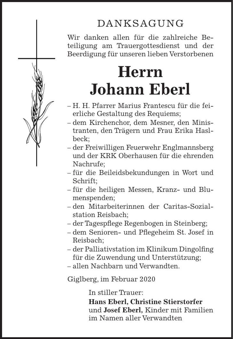 Traueranzeige Johann Eberl
