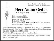 Traueranzeige Anton Gedak