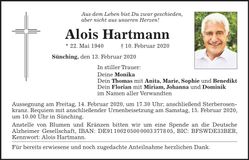 Traueranzeige Alois Hartmann