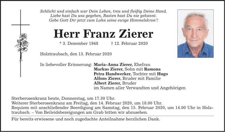 Traueranzeige Franz Zierer