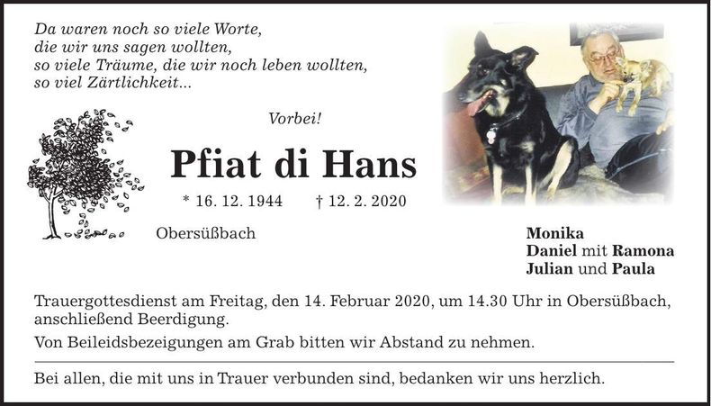 Traueranzeige Hans Schmalhofer