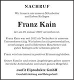Traueranzeige Franz Kain