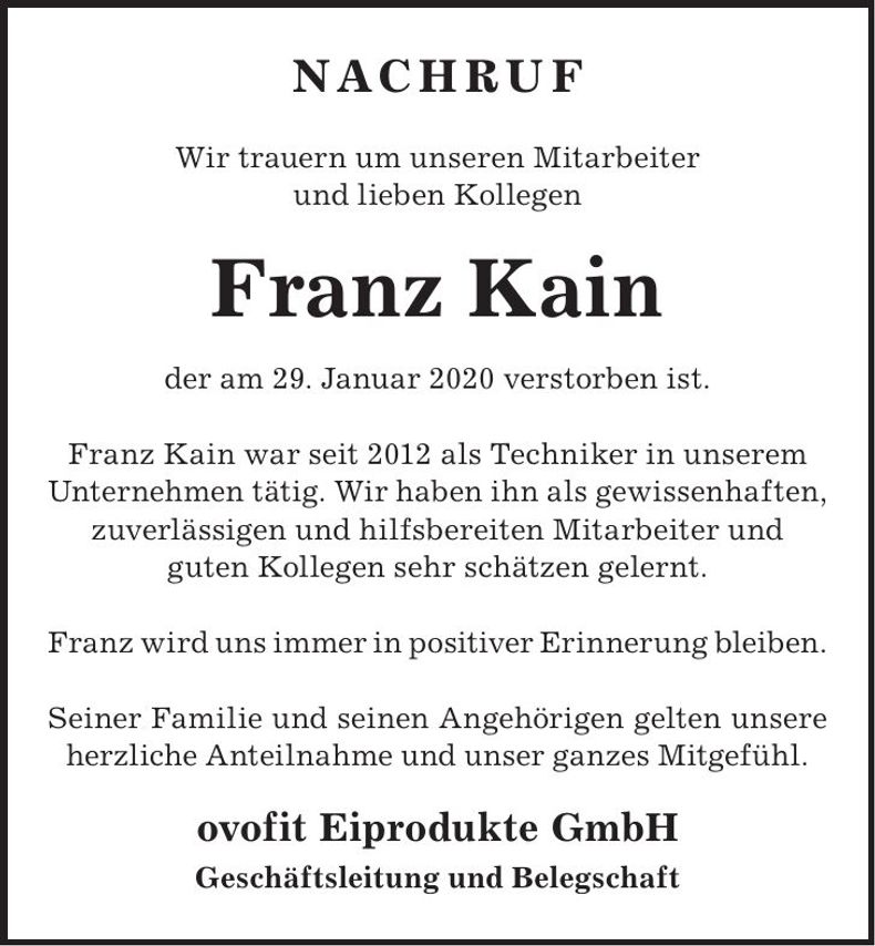 Traueranzeige Franz Kain