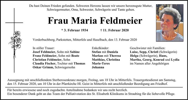 Traueranzeige Maria Feldmeier
