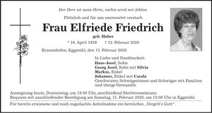 Traueranzeige Elfriede Friedrich
