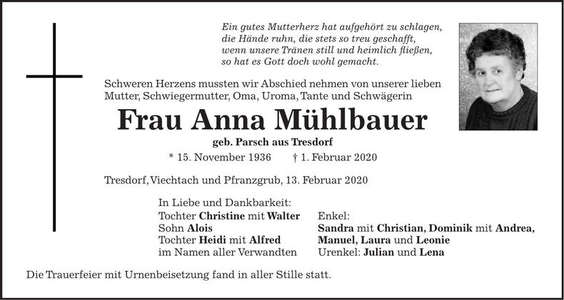 Traueranzeige Anna Mühlbauer
