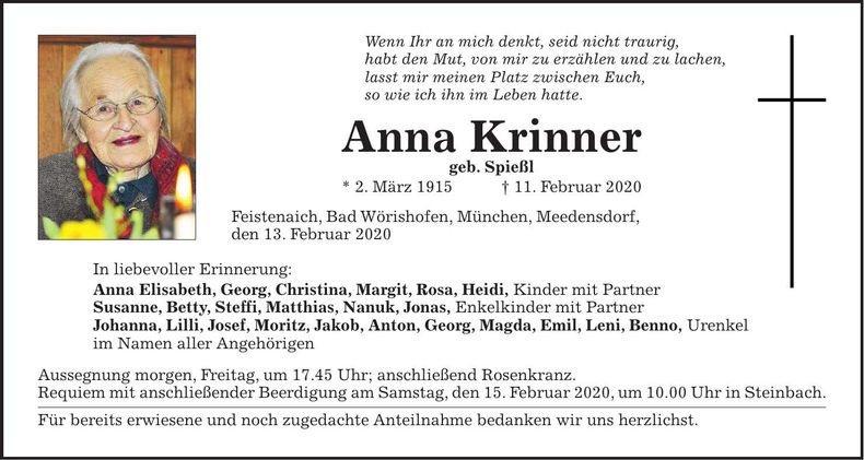 Traueranzeige Anna Krinner