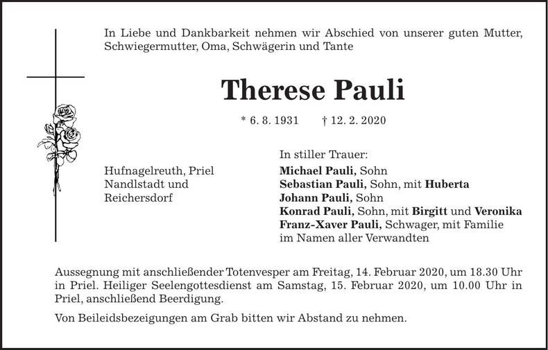 Traueranzeige Therese Pauli