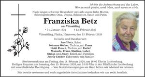 Traueranzeige Franziska Betz