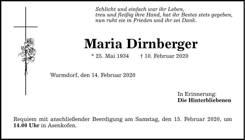 Traueranzeige Maria Dirnberger