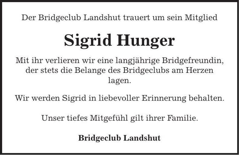 Traueranzeige Sigrid Hunger