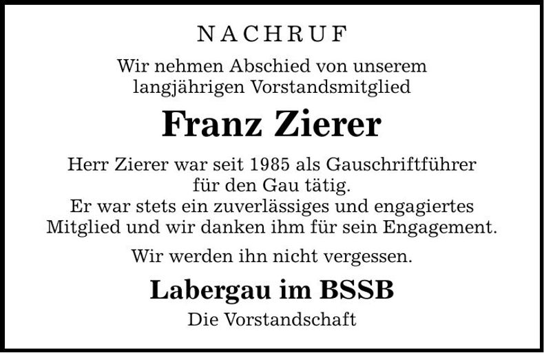 Traueranzeige Franz Zierer