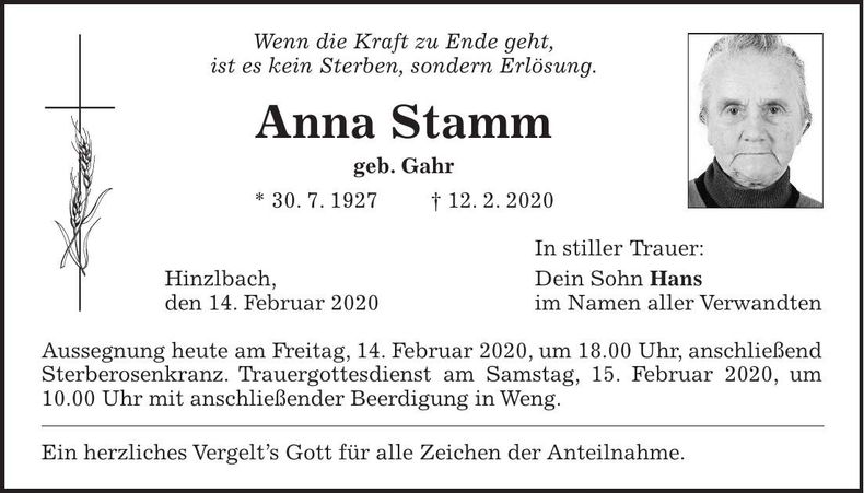 Traueranzeige Anna Stamm