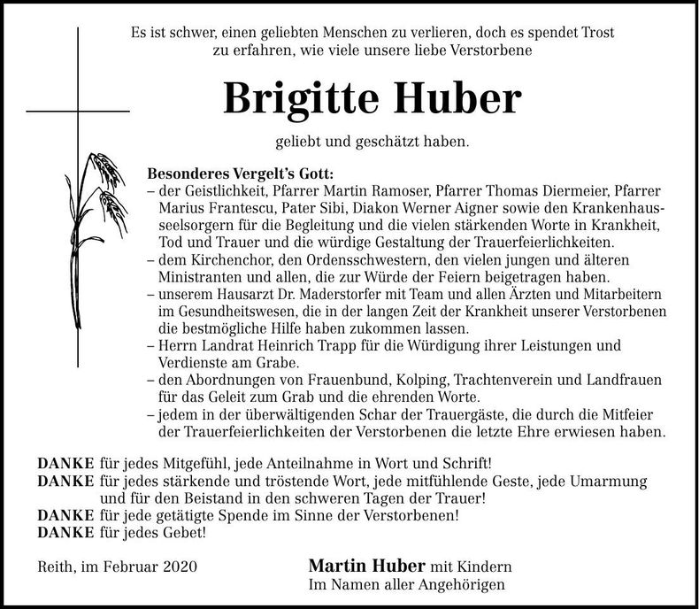 Traueranzeige Brigitte Huber