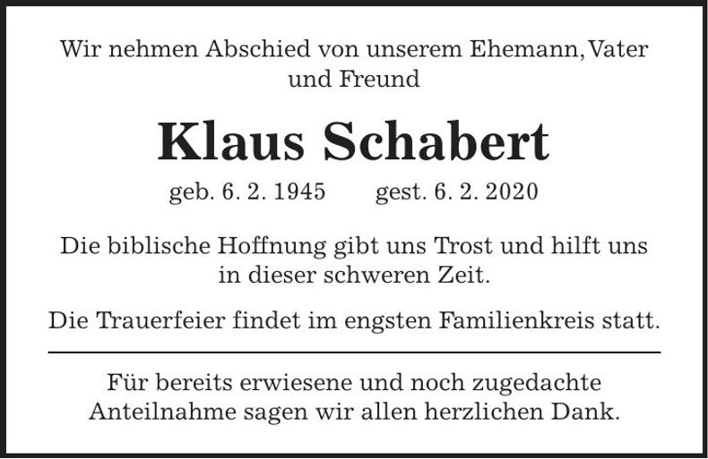 Traueranzeige Klaus Schabert