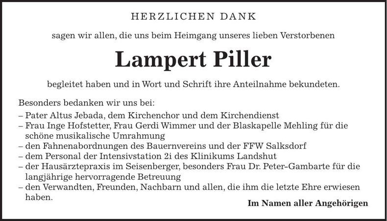 Traueranzeige Lampert Piller