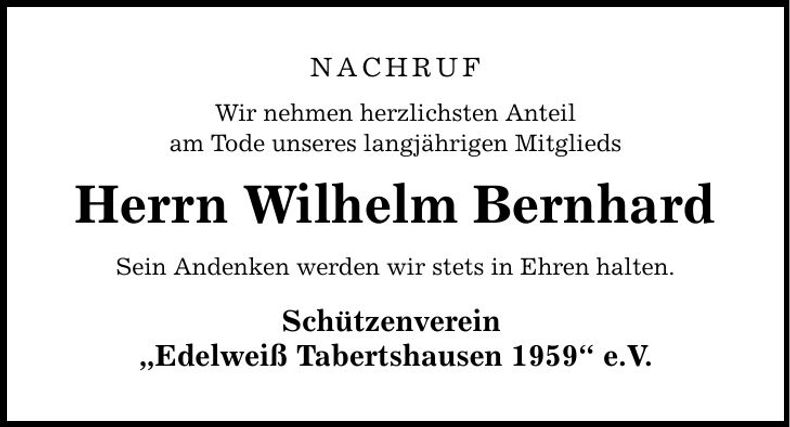 Traueranzeige Wilhelm Bernhard
