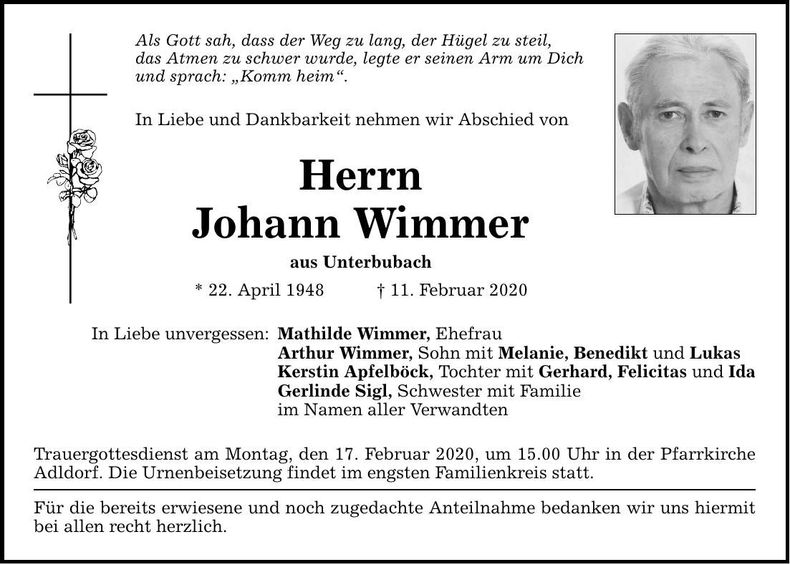 Traueranzeige Johann Wimmer