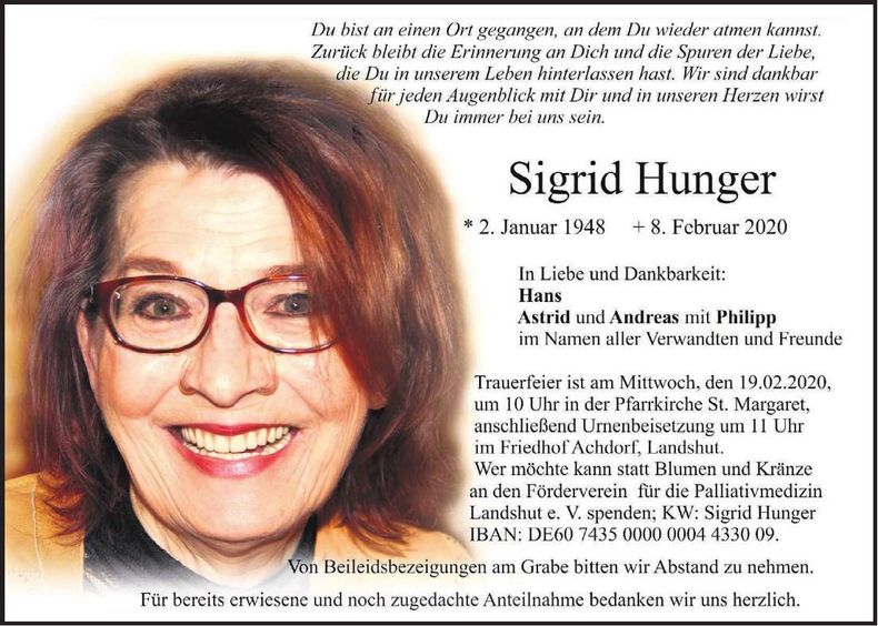 Traueranzeige Sigrid Hunger