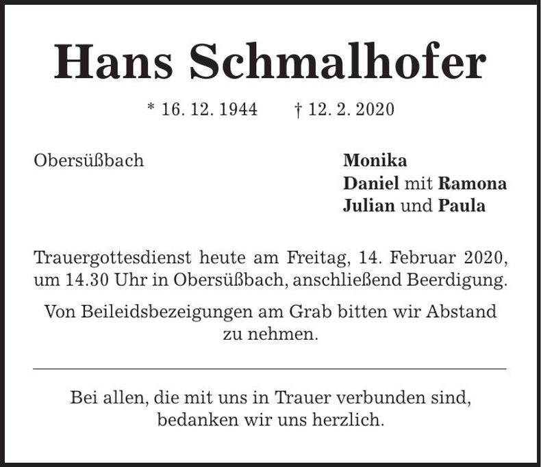 Traueranzeige Hans Schmalhofer