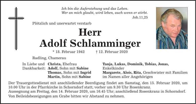 Traueranzeige Adolf Schlamminger