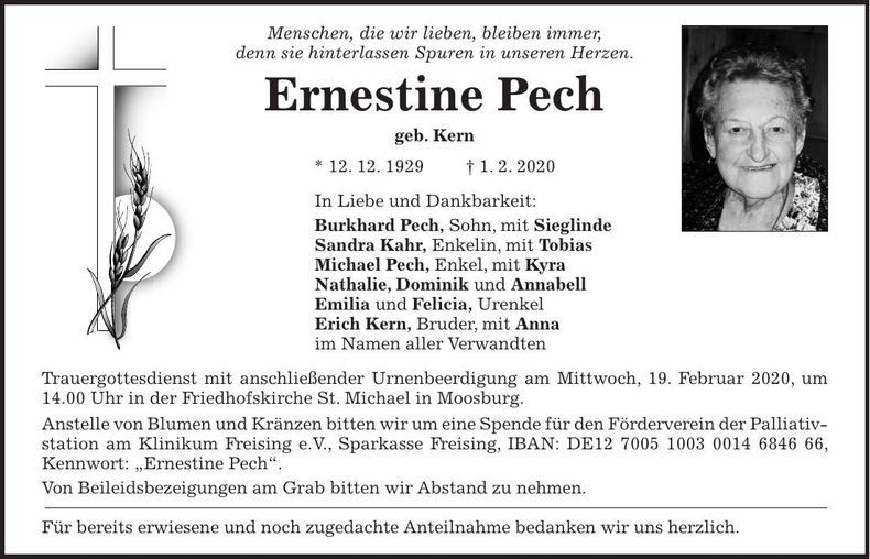 Traueranzeige Ernestine Pech