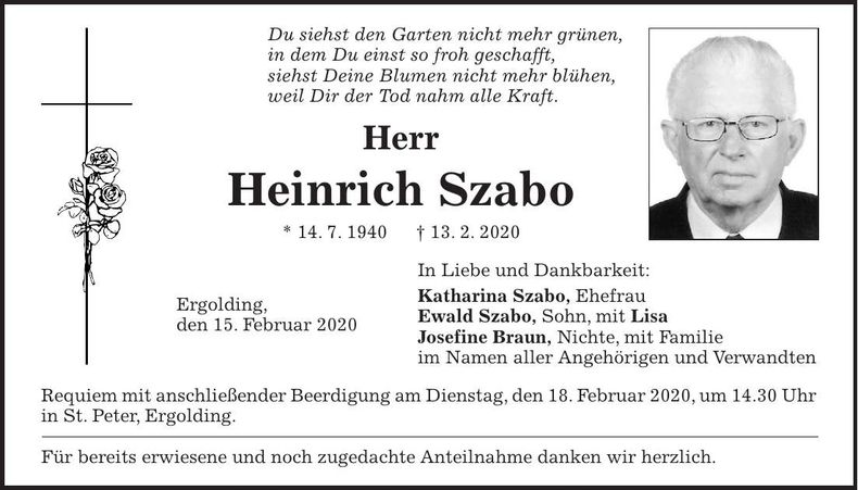 Traueranzeige Heinrich Szabo