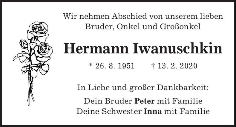 Traueranzeige Hermann Iwanuschkin