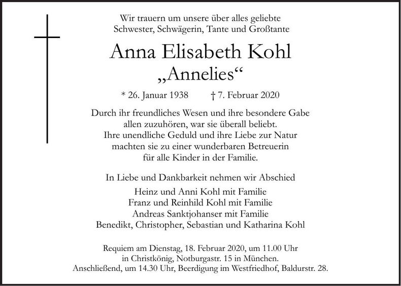Traueranzeige Anna Elisabeth Kohl