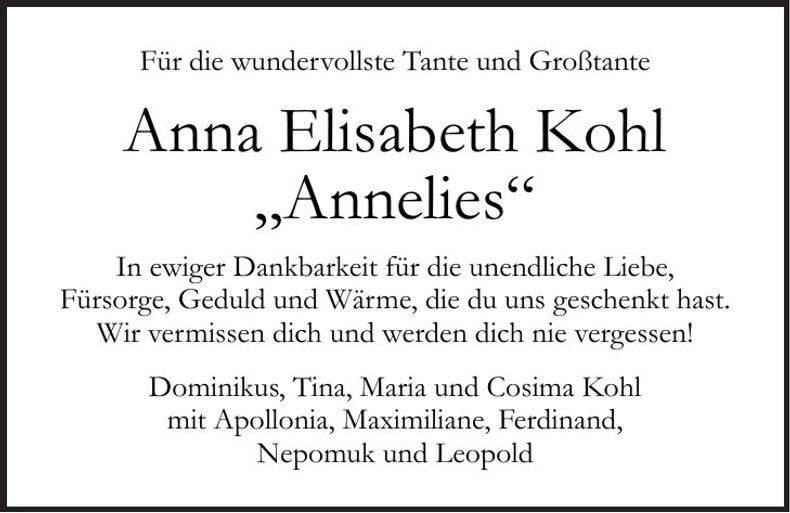 Traueranzeige Anna Elisabeth Kohl