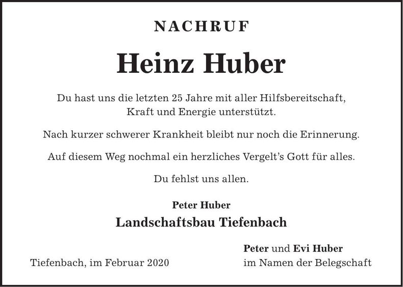 Traueranzeige Heinz Huber