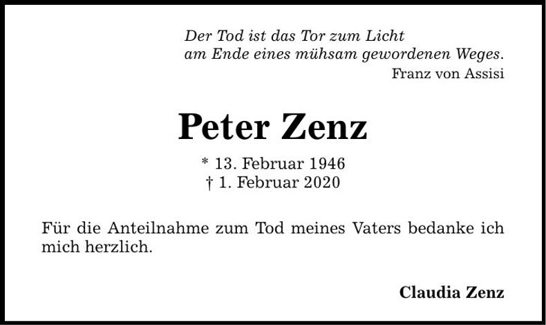 Traueranzeige Peter Zenz