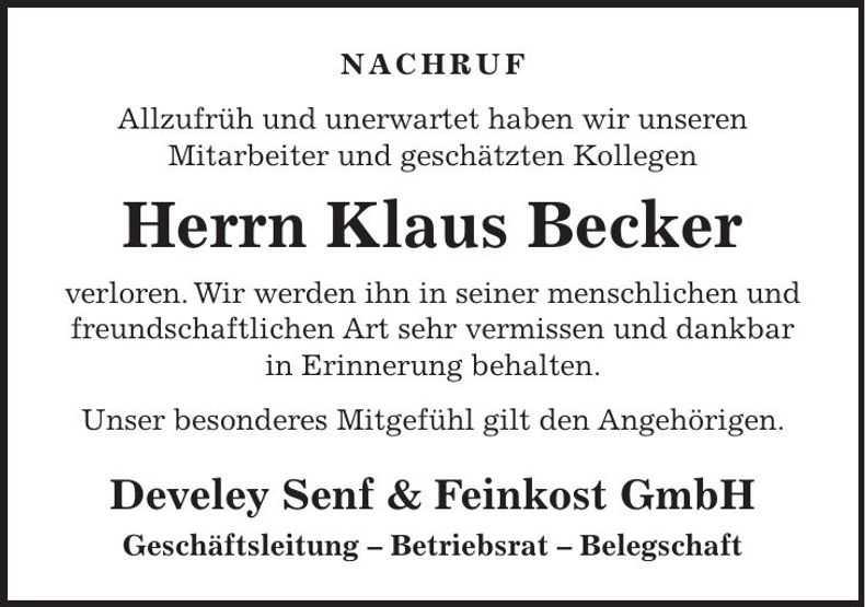 Traueranzeige Klaus Becker