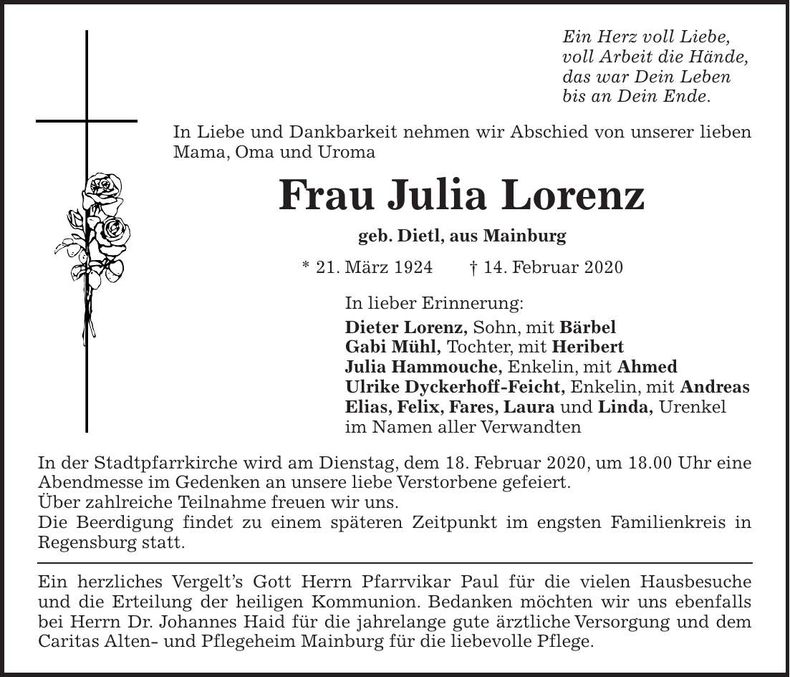 Traueranzeige Julia Lorenz