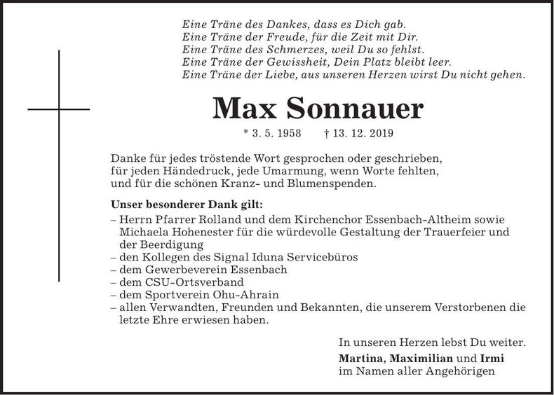 Traueranzeige Max Sonnauer