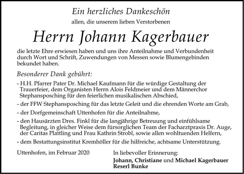 Traueranzeige Johann Kagerbauer