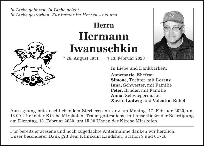 Traueranzeige Hermann Iwanuschkin