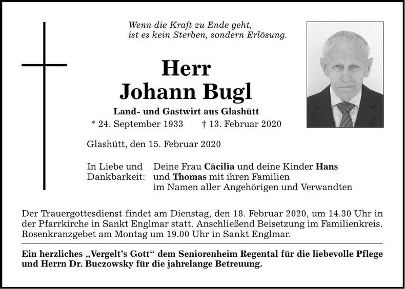Traueranzeige Johann Bugl