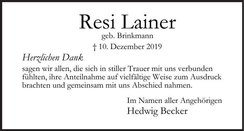 Traueranzeige Resi Lainer