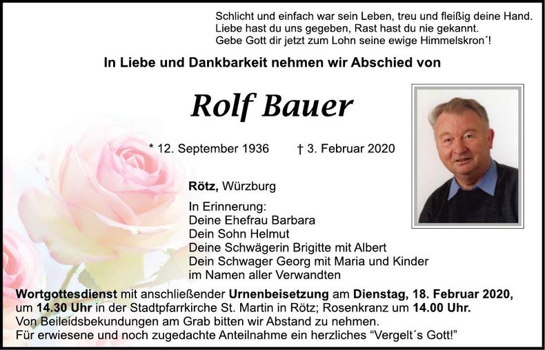 Traueranzeige Rolf Bauer