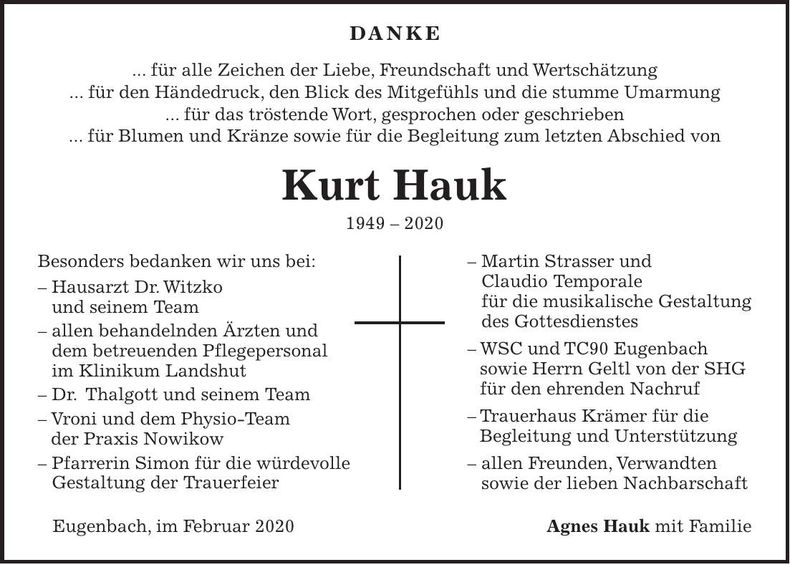Traueranzeige Kurt Hauk