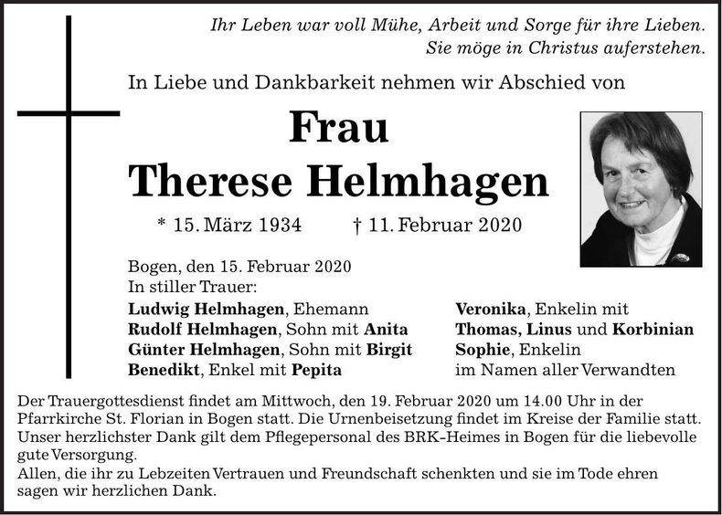 Traueranzeige Therese Helmhagen