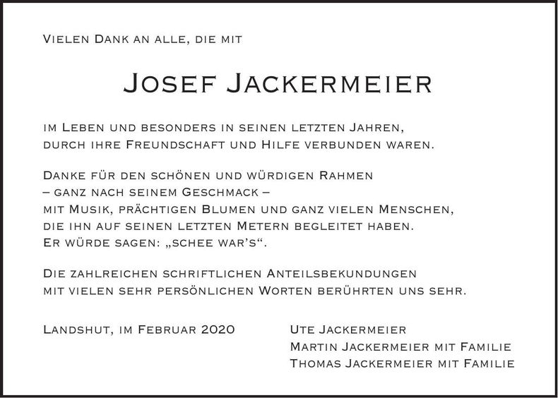 Traueranzeige Josef Jackermeier