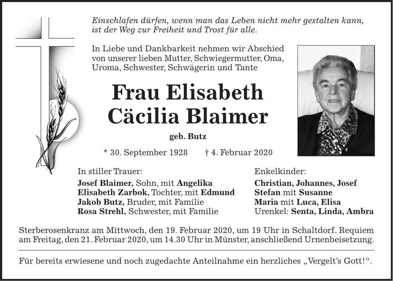 Traueranzeige Elisabeth Blaimer