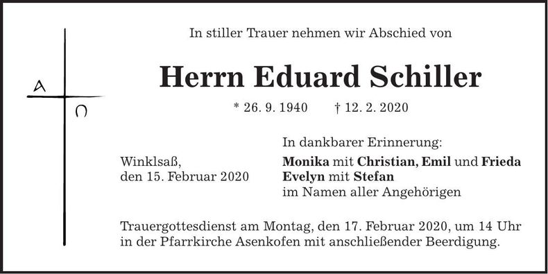 Traueranzeige Eduard Schiller
